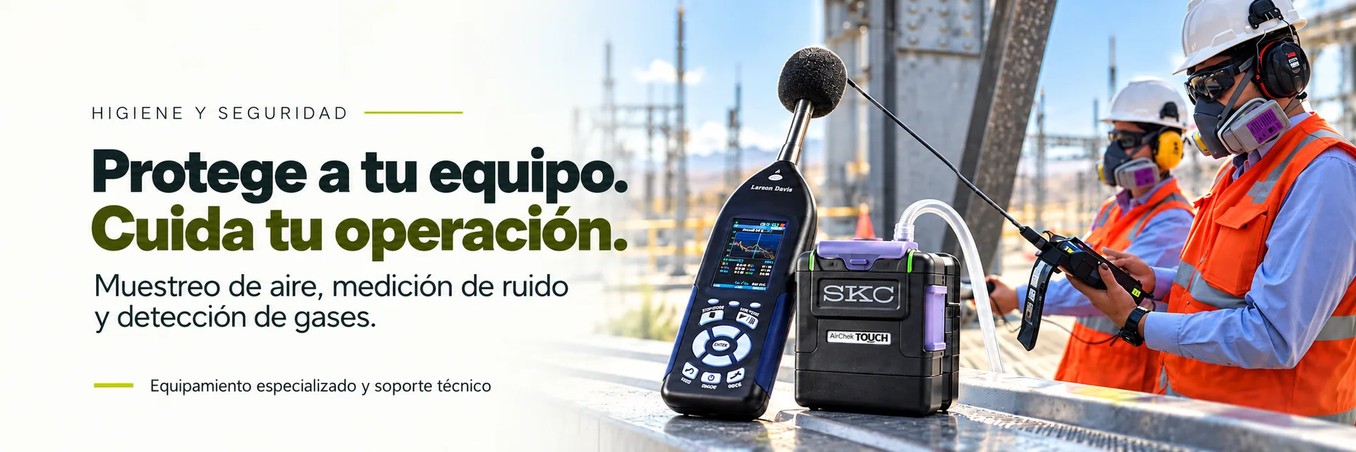 Higiene y seguridad. Protege a tu equipo. Cuida tu operación. Muestreo de aire, medición de ruido y detección de gases. Equipamiento especializado y soporte técnico.
